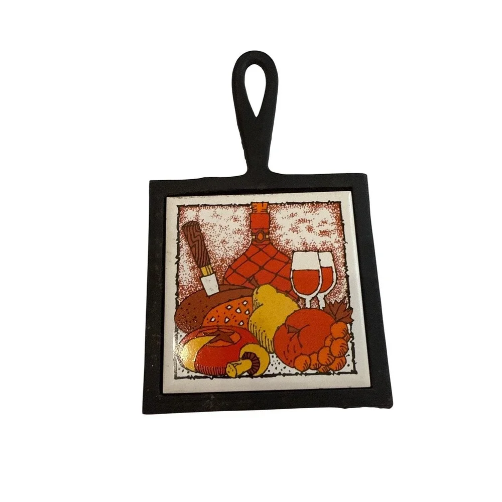 Cherry Cast Iron Tile Trivet 70s Kitchen Food Wine Design Retro 9